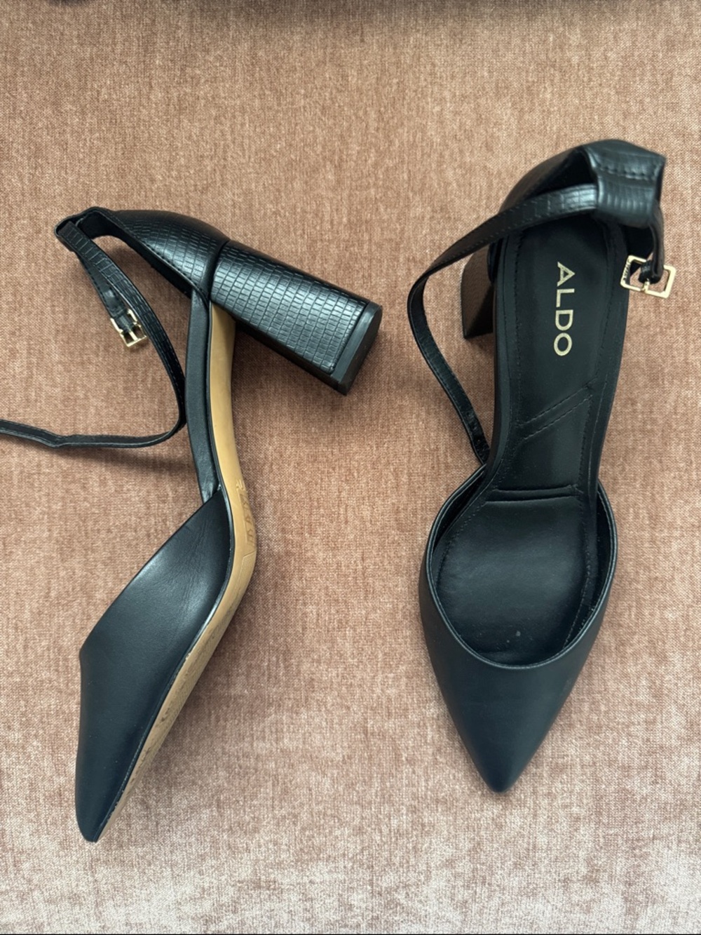Aldo Black Pointed Toe Ankle-Strap Block Heels